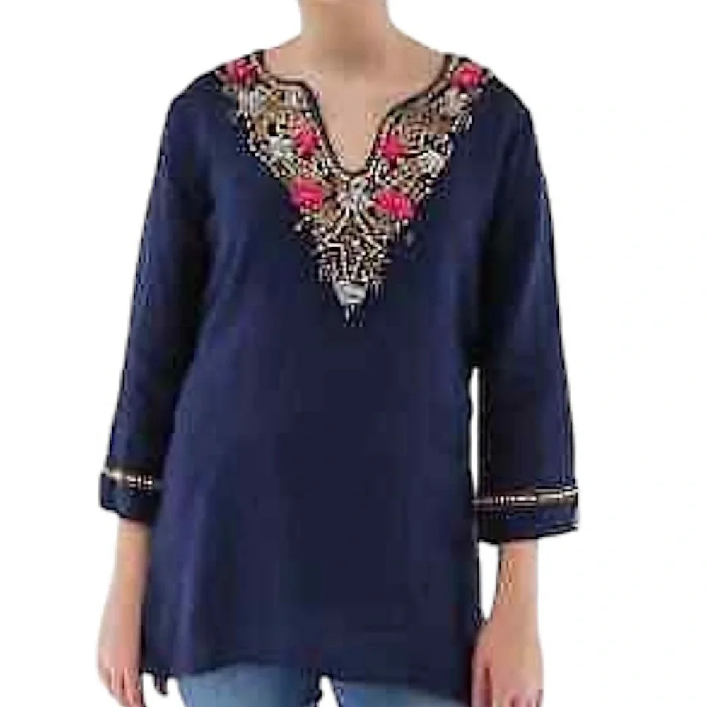 Calypso St. Barth Navy Blue Linen Wood Beaded Embroidered Tunic Top s‎ - Picture 2 of 10
